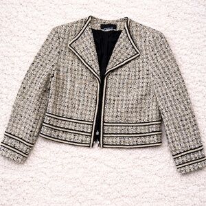 Jones New York Tweed Jacket Black Cream Fringe Trim Blazer Large